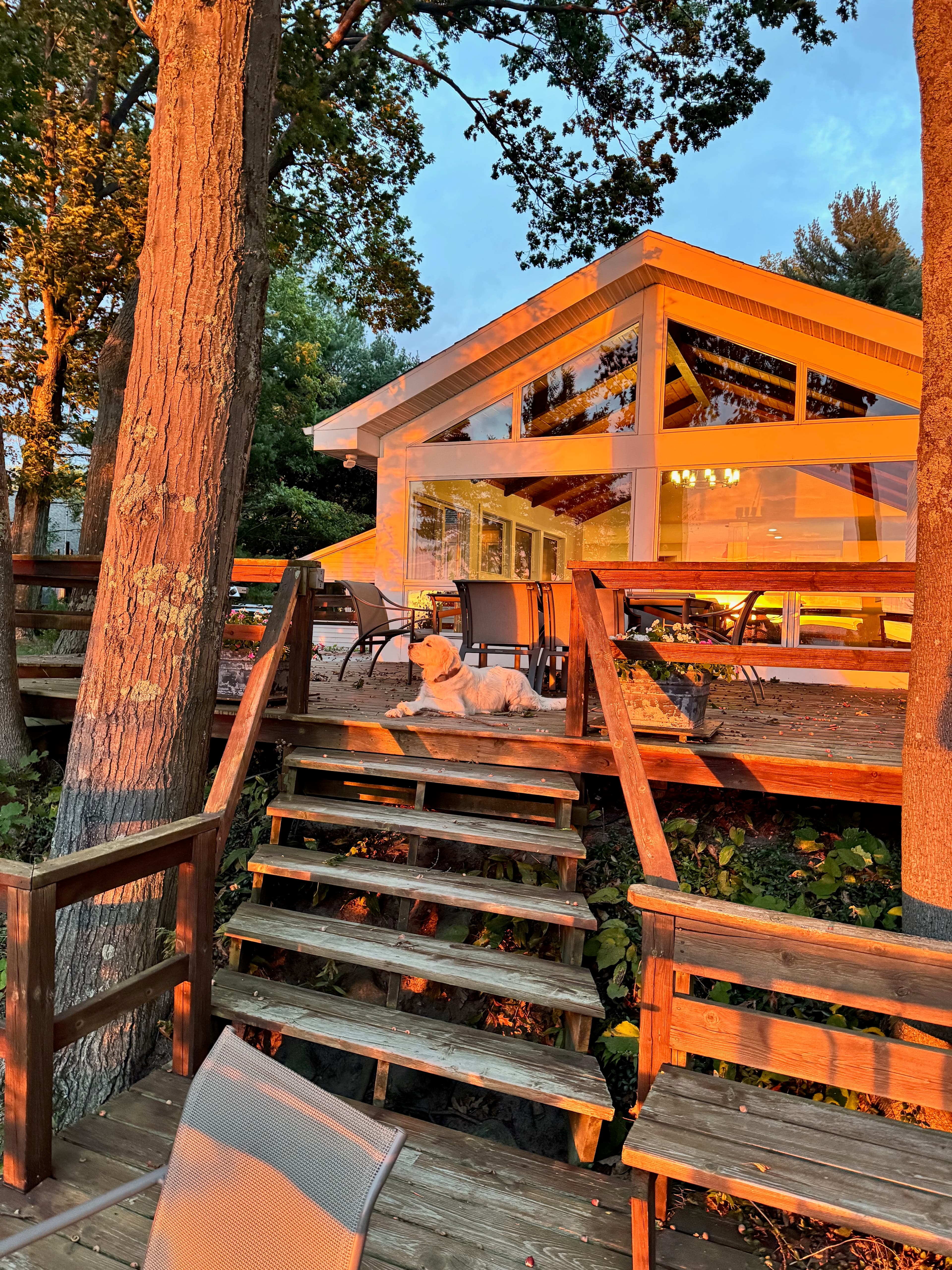Two-level deck at sunset with golden retriever, showing cottage exterior and warm interior glow